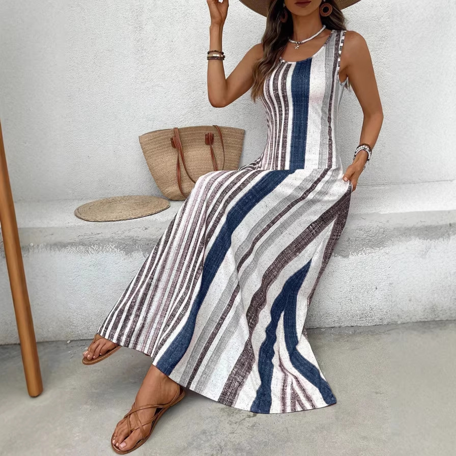 Women's Fashionable Striped Split Long Dress