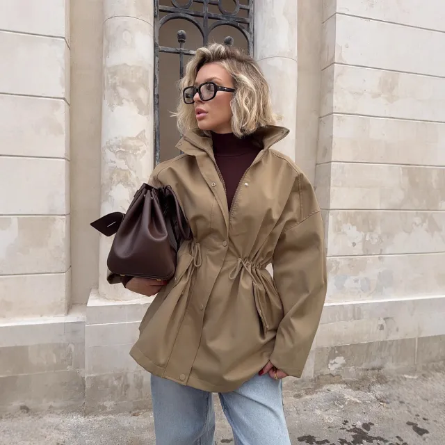 Stand collar Mid length Windbreaker Drawstring Waist Jacket Khaki - Shop at LoveMi