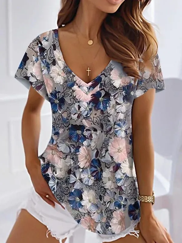 Women's T shirt Floral Pink Blue Purple Printed Short Sleeve Holiday Weekend Tunic V neck Regular Style 5Z457 - Shop at LoveMi