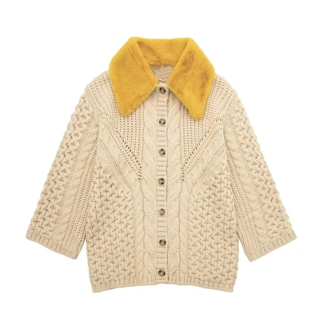 European And American Leisure Eight strand Knitted Fur Collar Cardigan Jacket Apricot - Shop at LoveMi