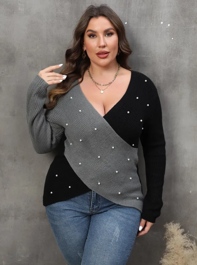 Plus Size Women's Color Contrast Patchwork Deep V Cross Sexy Beaded Sweater Gray - Shop at LoveMi