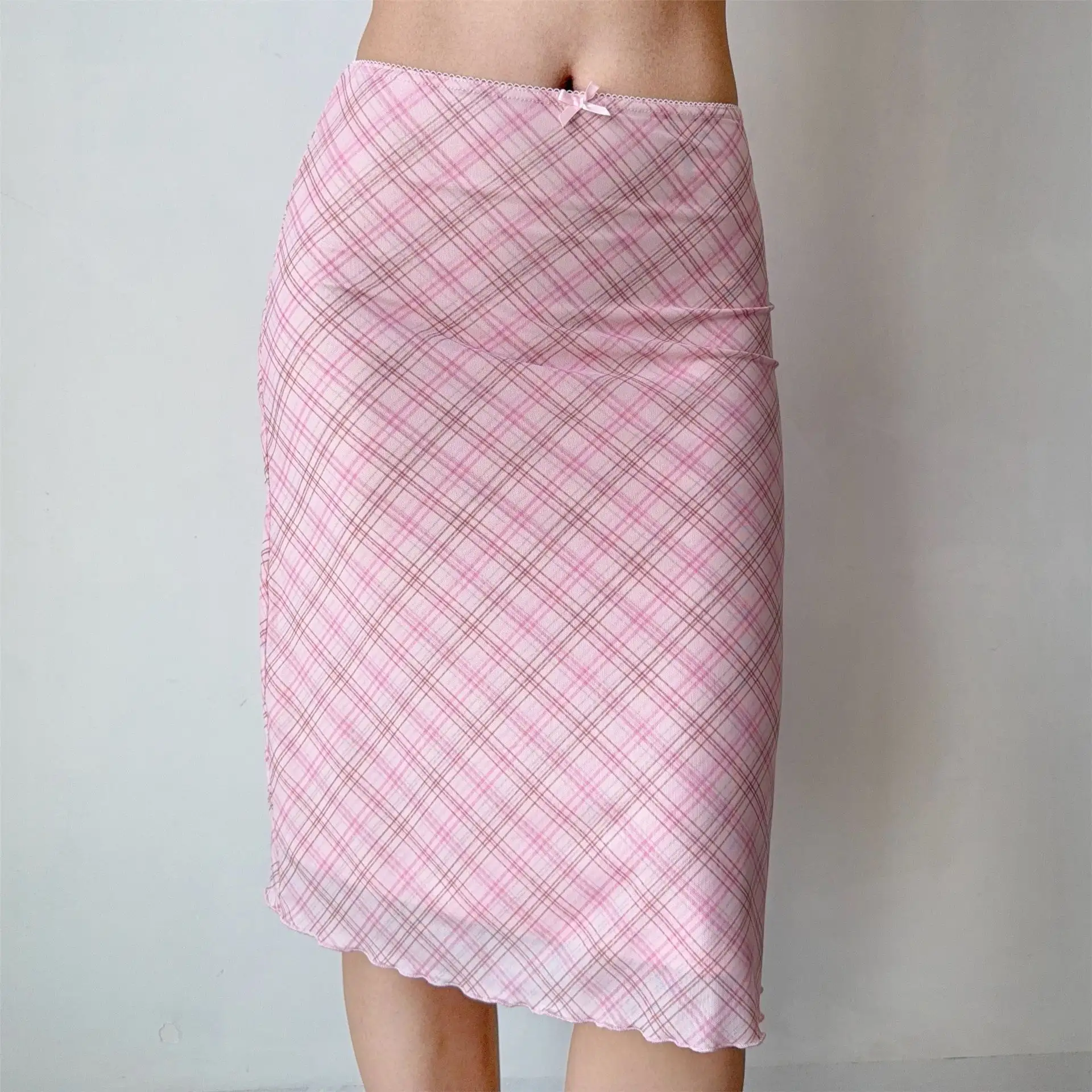 DIY European And American-style Pink Plaid Skirt With Elastic Waist And Mesh Fabric Midi Skirt