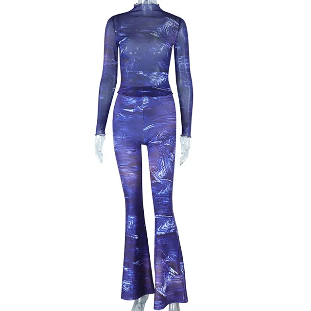 Printed Long sleeved Top Sheer Mesh Trousers Bell bottom Pants Suit Dark Blue - Shop at LoveMi