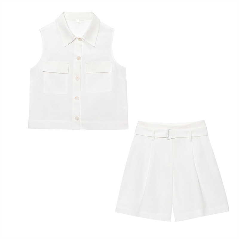 Pocket Decoration Vest With Belt Casual Shorts