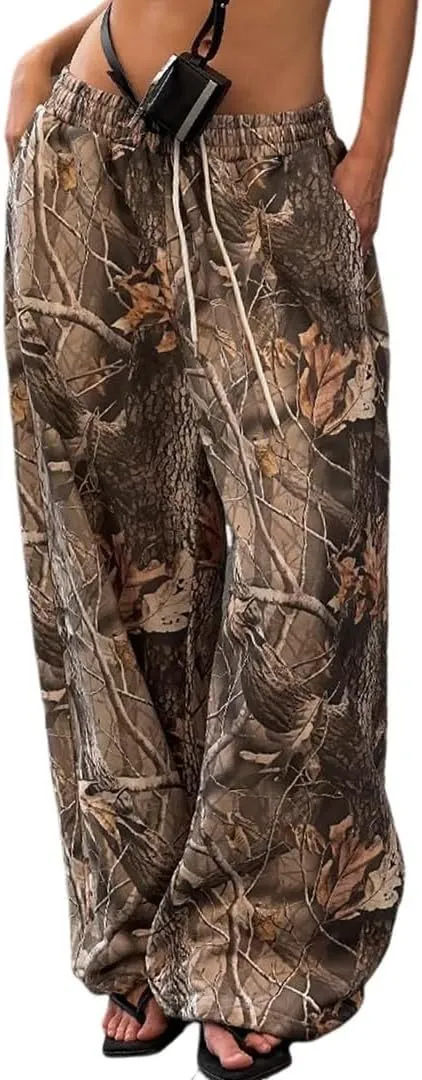 Women's Fashion Casual Elastic Waist Tight Camouflage Printed Wide leg Pants Rose Gold - Shop at LoveMi