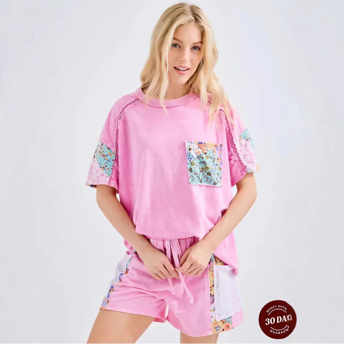 Casual Round Neck Short Sleeves Stitching Floral T-shirt Top