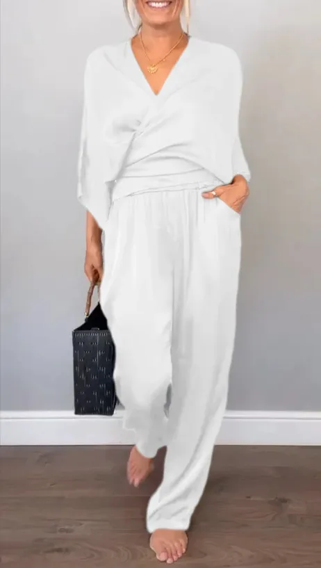 Solid Color Satin Short sleeved Top Pants Suit Women White - Shop at LoveMi