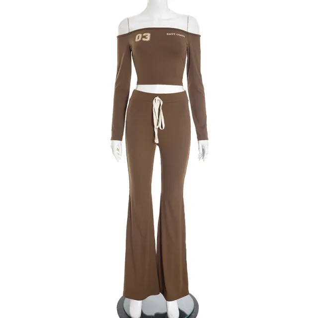 Off shoulder Long sleeve Top And Drawstring Wide leg Pants Set Brown - Shop at LoveMi