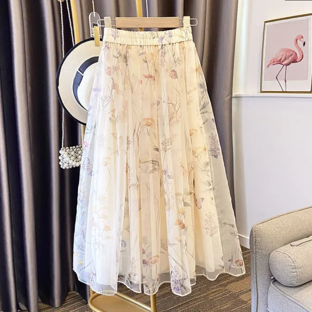 Women's Mid length Chiffon Romantic Printed Skirt Beige - Shop at LoveMi