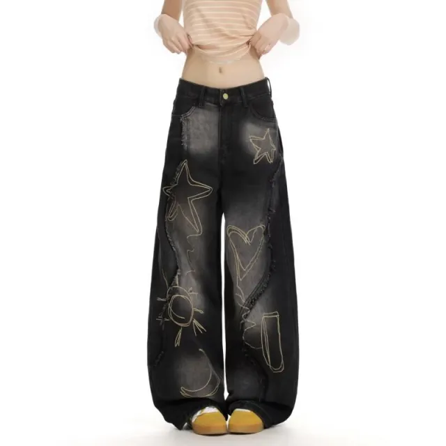 Women's High Waist Ripped Jeans Slim Fit Wide Leg Floor Length Pants Black - Shop at LoveMi