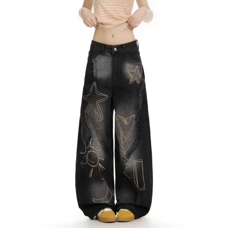 Women's High Waist Ripped Jeans Slim Fit Wide Leg Floor-Length Pants - Black