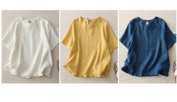 Retro Patchwork Cotton Short-Sleeve Shirt with Hollow-Back