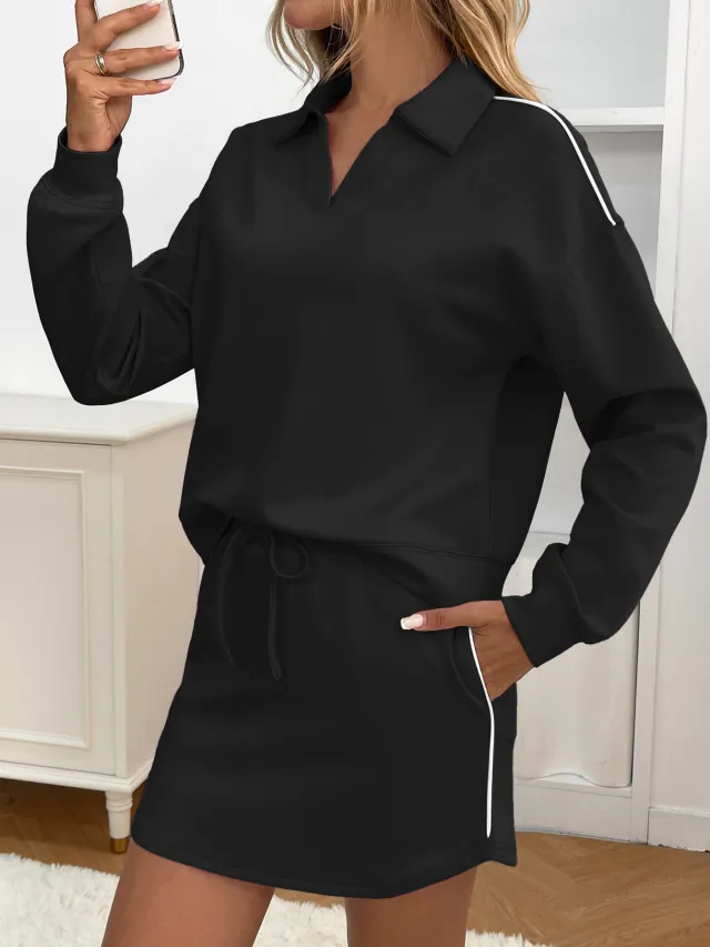 Casual Sport Lapel Long Sleeve Top With Pocket Skirt Set Black - Shop at LoveMi