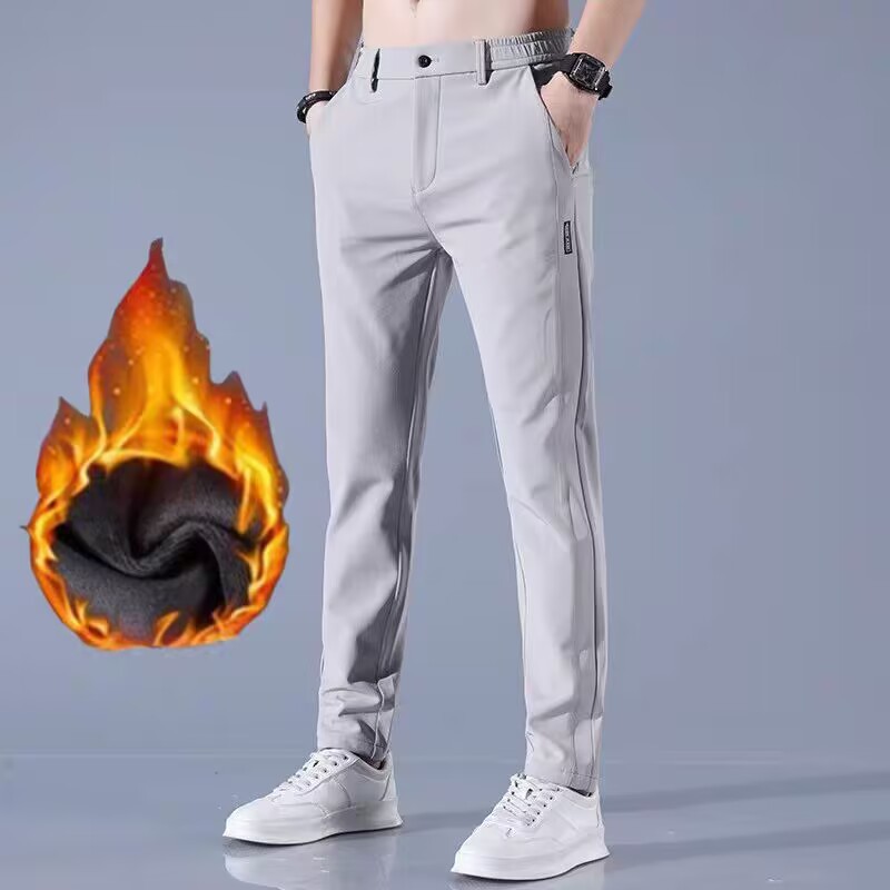 Mens Ice Silk All-Match Elastic-Waist Casual Pants With Fleece Lining For Autumn