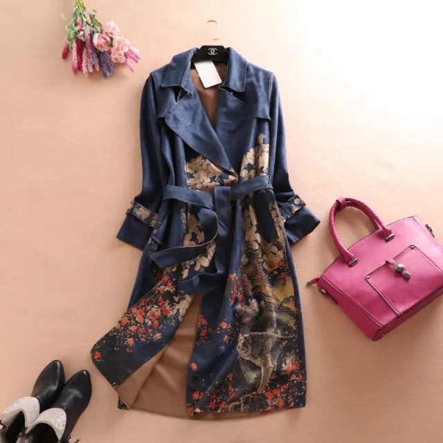 Suit Collar Deerskin Velvet Long Sleeve Plus Size Trench Coat Dark Blue - Shop at LoveMi