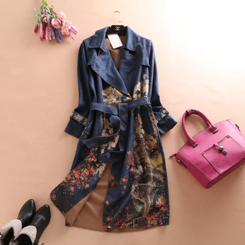 Suit Collar Deerskin Velvet Long Sleeve Plus Size Trench Coat - Dark Blue