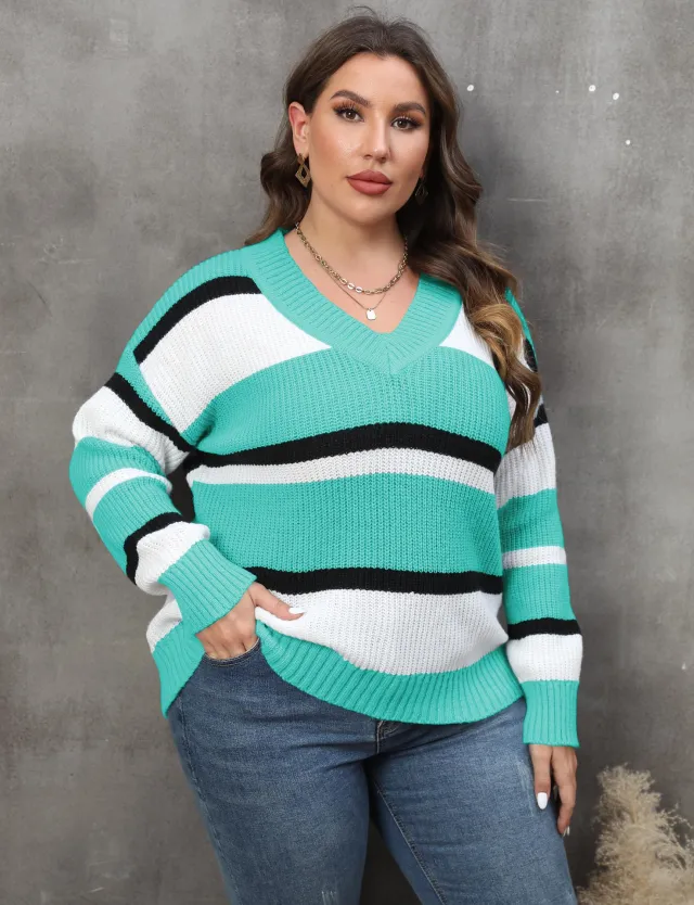 V collar Contrast Color Stitching Fashion Sweater Women Lake Green - Shop at LoveMi