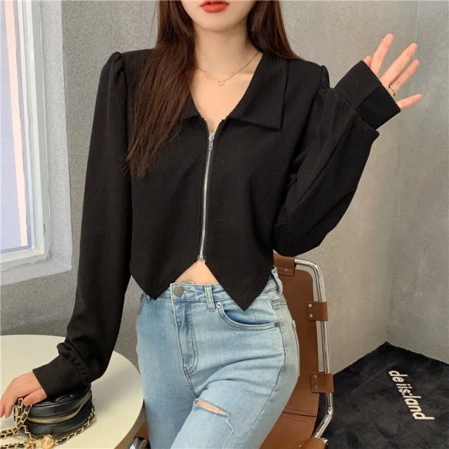 Plus Size Lapels Short Long Sleeve Shirt Black - Shop at LoveMi