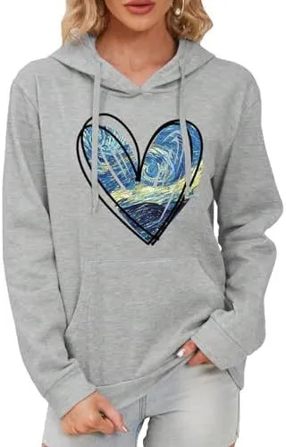 Women's Pattern Hoodie Heart Shape Printed Drawstring Pullover Top Light Gray Heart Shape - Shop at LoveMi