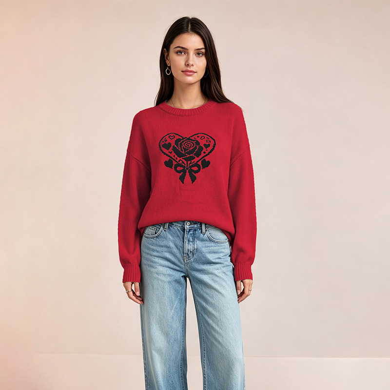 AutumnWinter European And American-style Knitted Sweater With A Heart Design