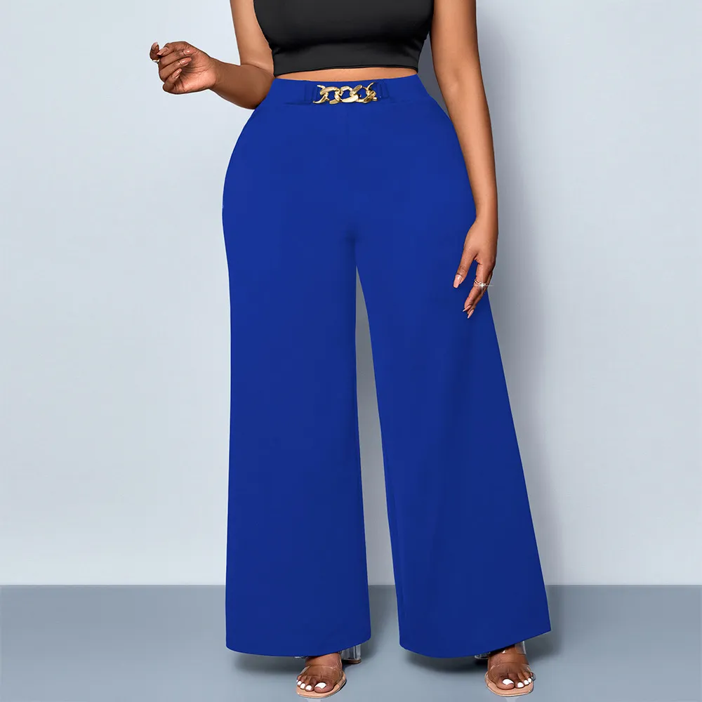 Summer Plus Size Metal Buckle Trousers For Women - Blue