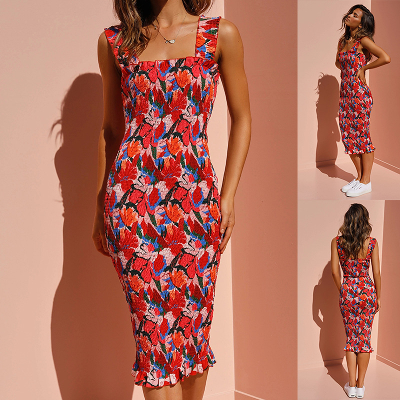 European And American Sexy Vacation Style Ruffled Pleating Tight Dress