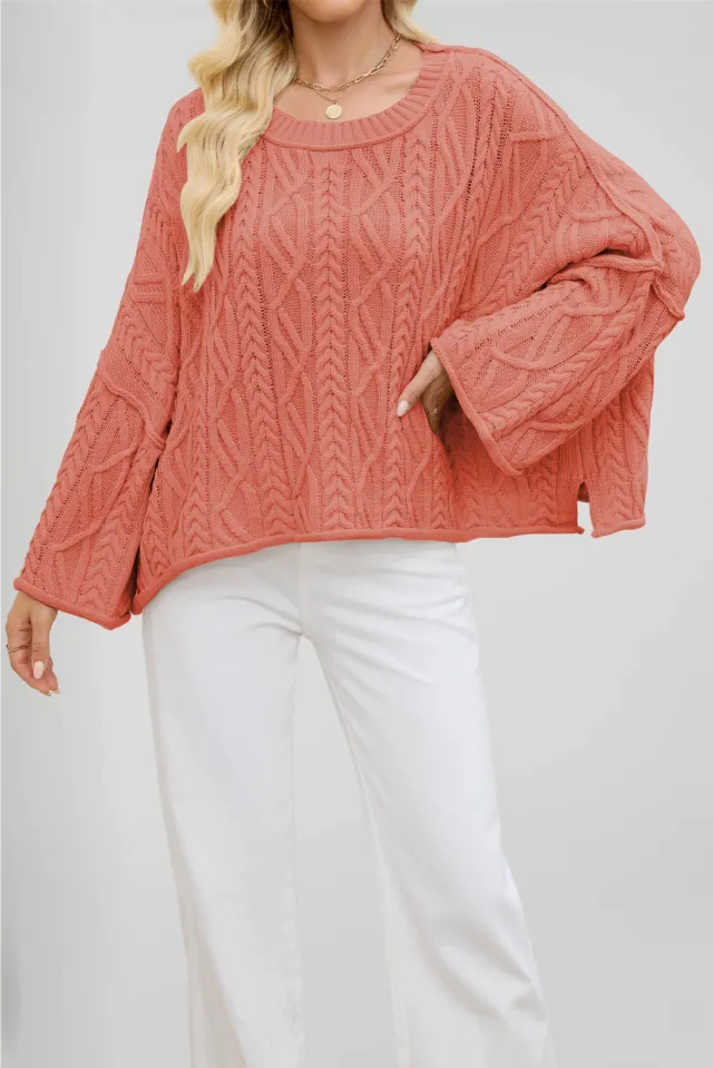 2 O neck Short Cable Loose fitting Solid Color Sweater Red - Shop at LoveMi