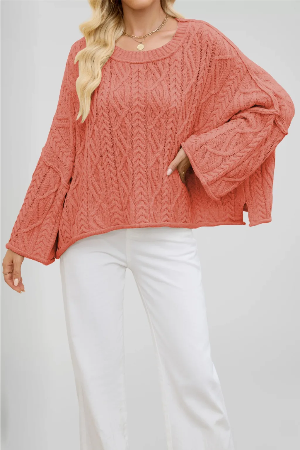 2 O-neck Short Cable Loose-fitting Solid Color Sweater - Watermelon Red
