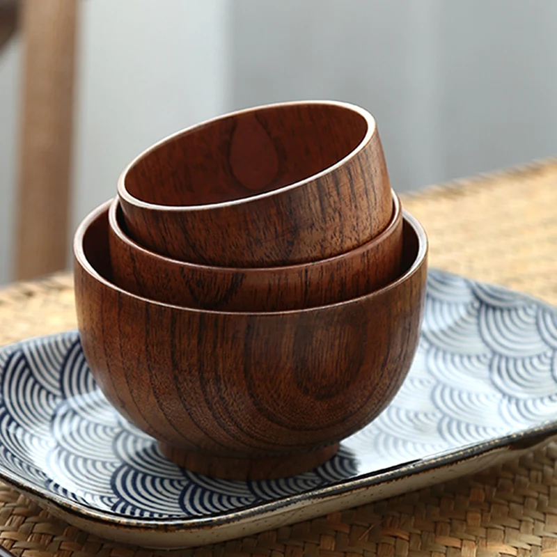 Japanese Style Wooden Bowl 3 Sizes Soup Salad Rice Bowl Food Container Dining Serving Bowl Wooden Kitchen Utensils Kids Tableware (1)