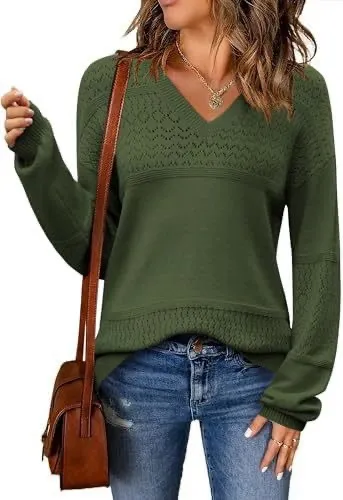 V neck Hollow out Pullover Knitted Rib Sweater Solid Color Green - Shop at LoveMi