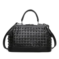 Soft Leather Fashion Bucket Portable Rivet Crossbody Bag - Black - View 1