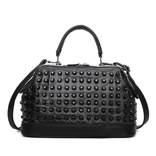 Soft Leather Fashion Bucket Portable Rivet Crossbody Bag Black - Shop at LoveMi