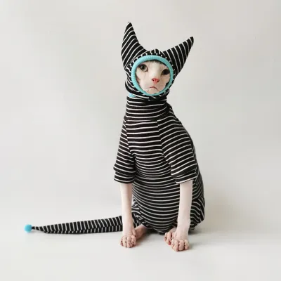 Sphynx Cat Striped Pyjamas  Four Legged Clothing with Tail and Hat