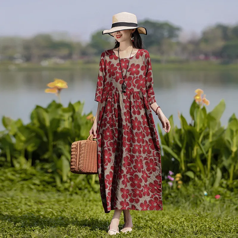 Summer Ethnic Style Plus Size Printed Belly Covered Thin Over The Knee Three-quarter Sleeve Women's Dress