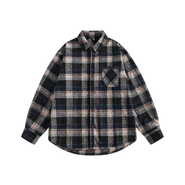 Color Matching Plaid Pocket Decorative Lapel Shirt Brown - Shop at LoveMi