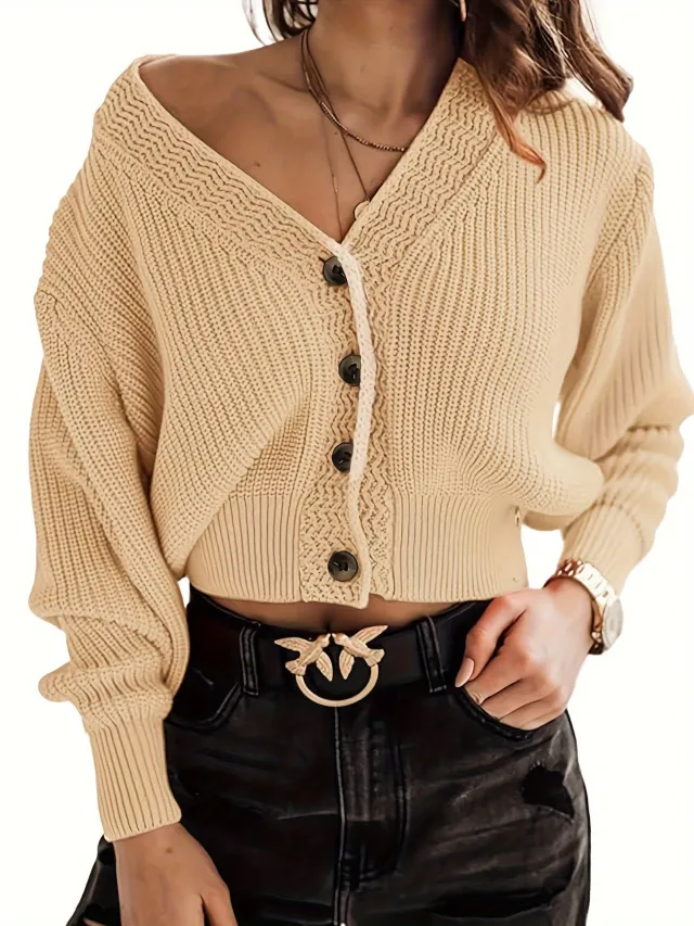 Lady's Sweater Cardigan Loose V neck Coat Dark Apricot - Shop at LoveMi
