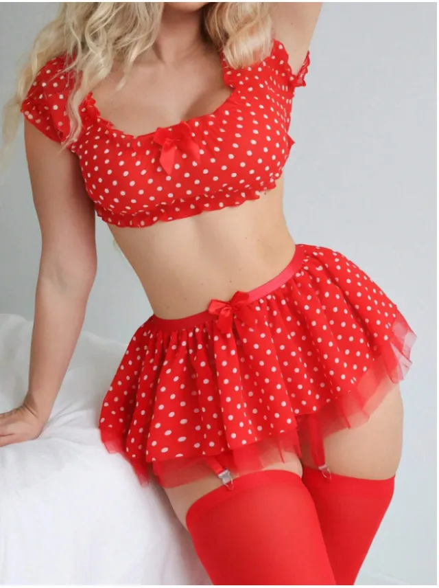 Sexy Lingerie Polka Dot Off the shoulder Pettiskirt Two piece Set Red - Shop at LoveMi