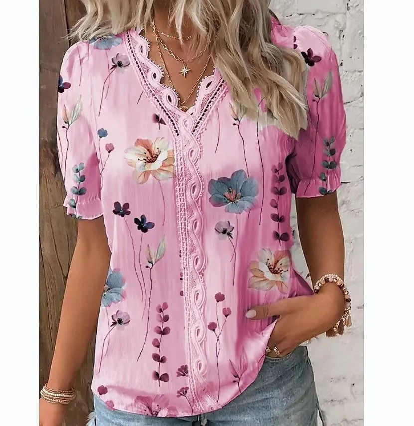 V-neck Holiday Fashion Floral Short Sleeve - Pink