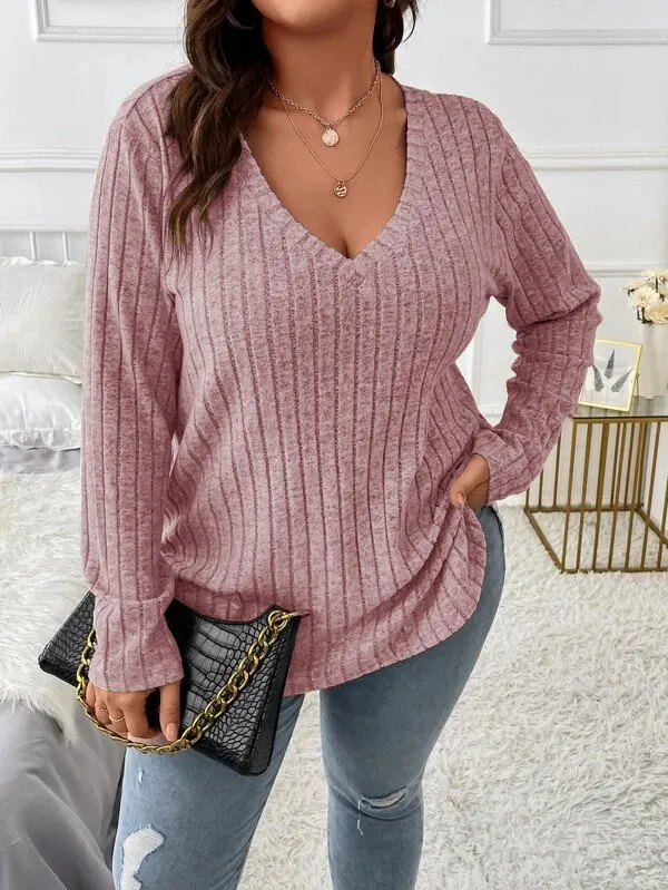 Top V neck Long Sleeve Sunken Stripe Brushed Loose Pullover Lotus Root Color - Shop at LoveMi