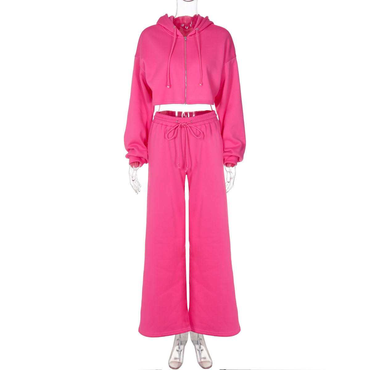European And American Fashion Zipper Hooded Midriff baring Top Slim Casual Trousers Suit Rose - Shop at LoveMi