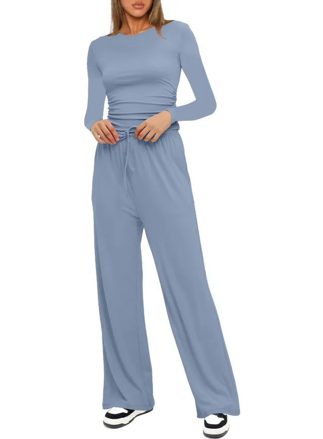Long Sleeve Top High Waist Wide Leg Pants Suit Peacock Blue - Shop at LoveMi
