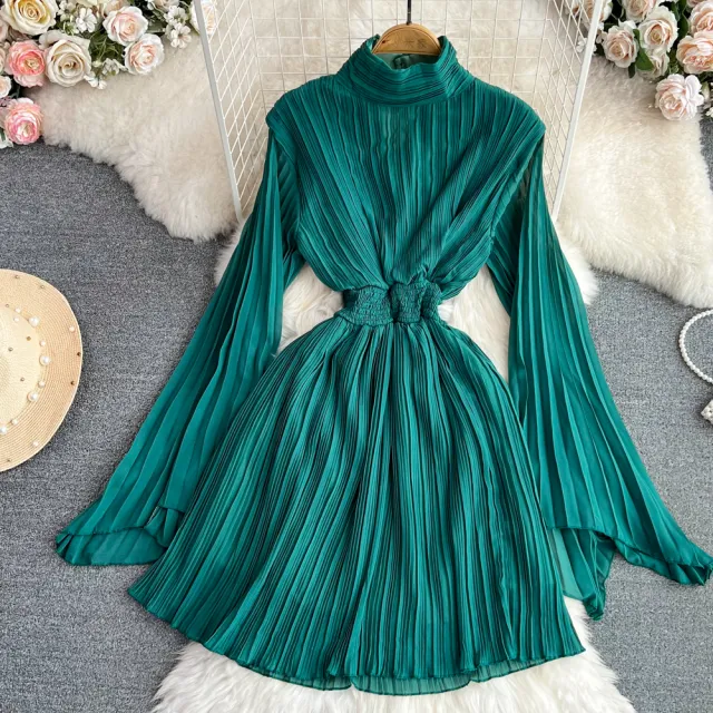 Horn Long Sleeves Stand Collar Waist A line Chiffon Dress Tan - Shop at LoveMi
