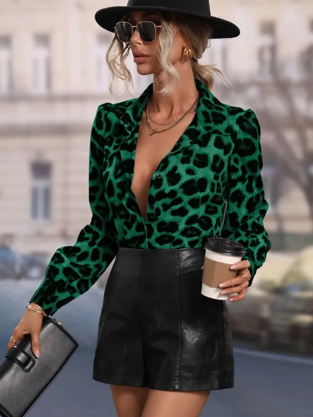 Leisure Temperament Leopard Print Sexy Long sleeved Top Green - Shop at LoveMi