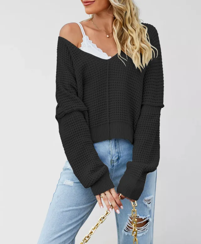 V neck Solid Color Off shoulder Loose Knitted Sweater Black - Shop at LoveMi