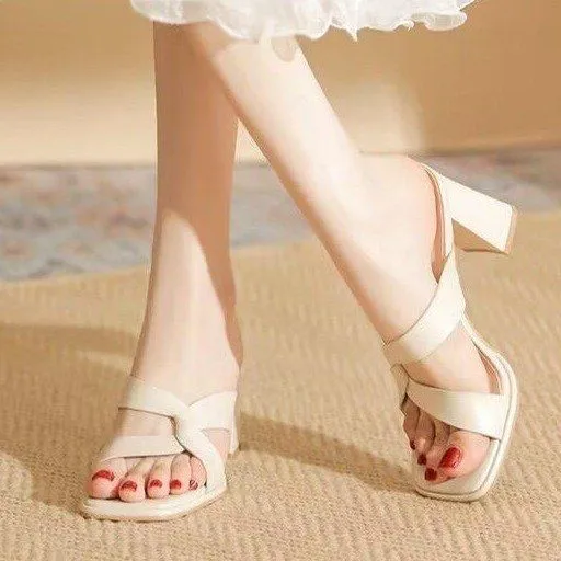 Summer Fashion Open Toe Chunky Heel High Heel Sandals For Women Beige - Shop at LoveMi
