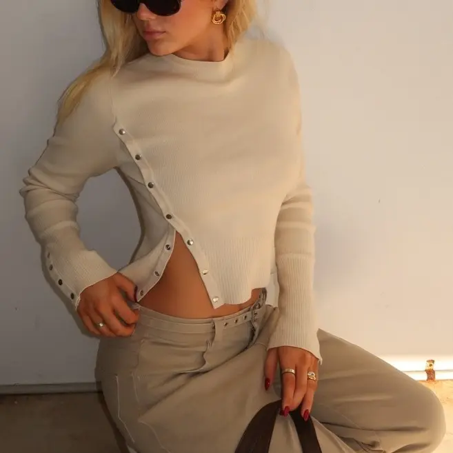 Women's Irregular Button Split Knit Sweater Street