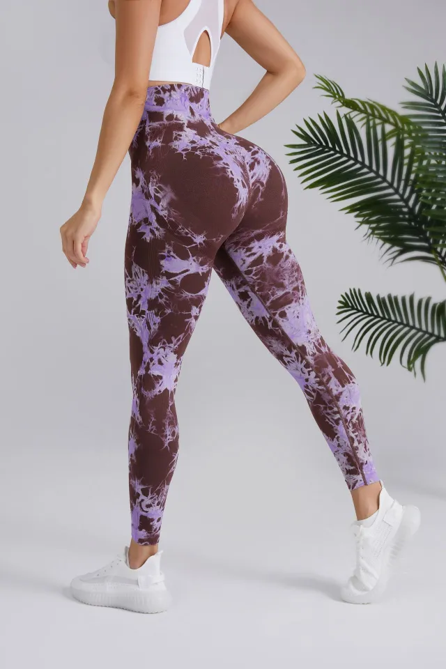 Two color Tie dye Tie float High Waist Hip Lift Sports Running Fitness Pants Coffee Purple - Shop at LoveMi