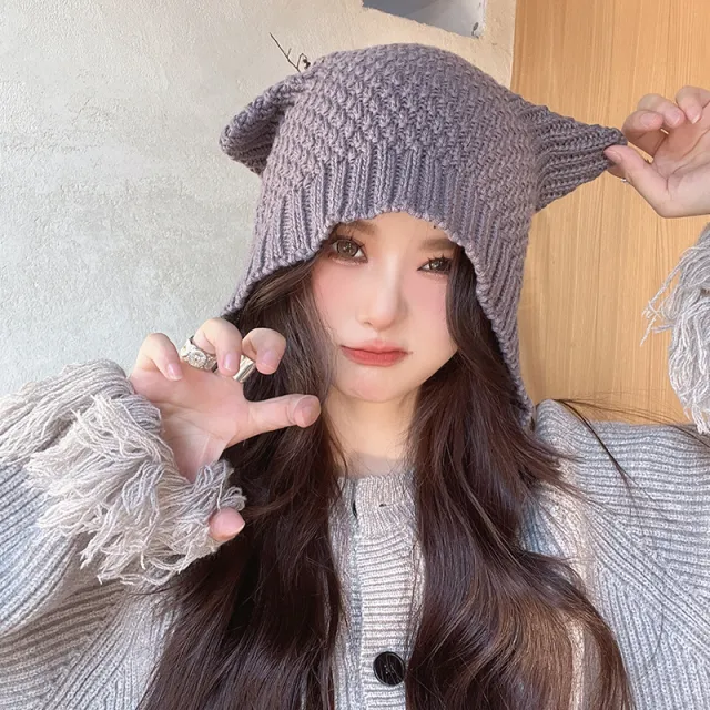 Women's Autumn And Winter Cute Earflaps Woolen Cap Gray - Shop at LoveMi