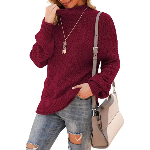 Half Turtleneck Plus Size Batwing Long Sleeve Pullover Loose Sweater Wine Red - Shop at LoveMi