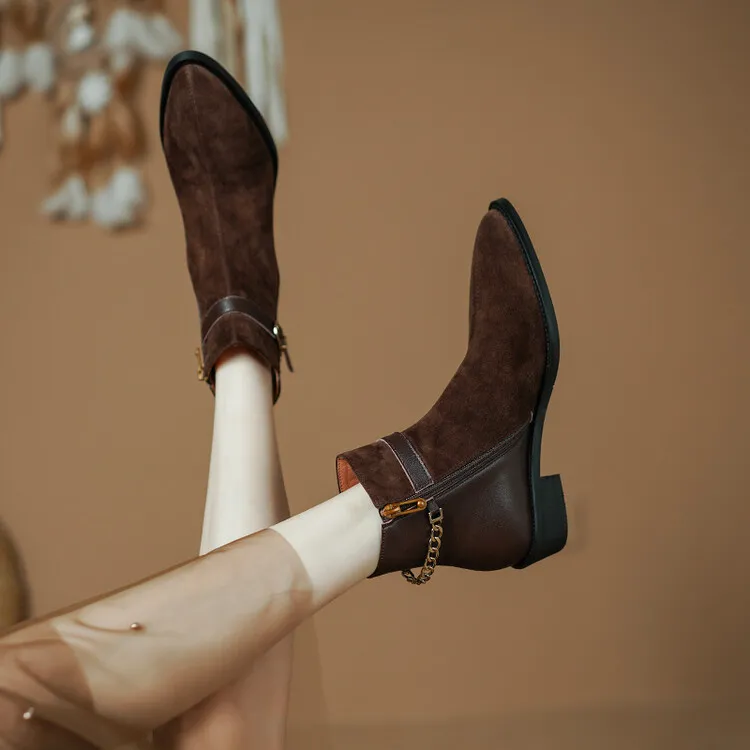 Women's Square Heel Pointed-toe Side Zip Belt Buckle Flat Ankle Boots - Brown